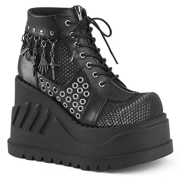 Demonia Women's Stomp-18 Platform Boots - Black Vegan Leather/Gray Velvet D3715-64US Clearance